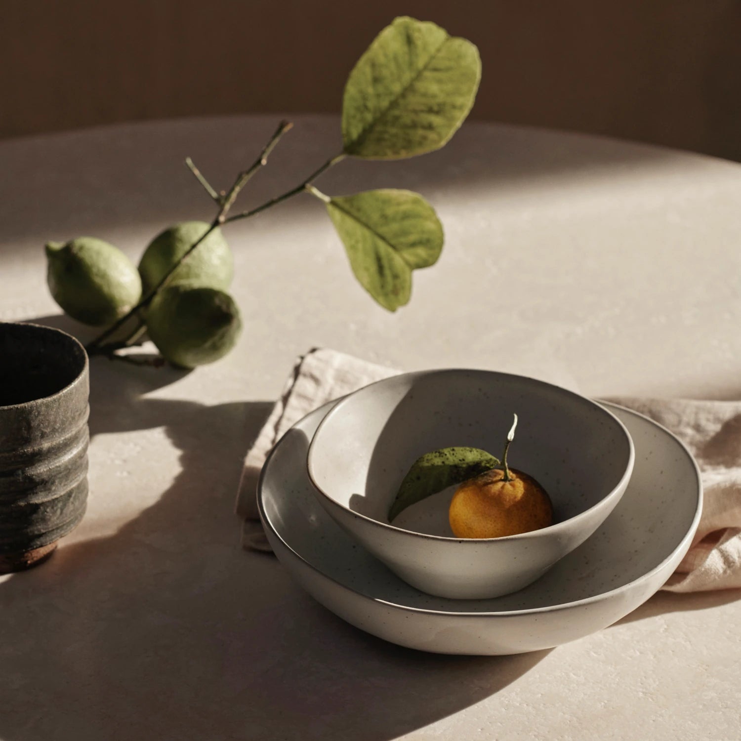 Serene tabletop scene showcasing a minimalist arrangement of ceramic dinnerware. A small, round tangerine with its leaf still attached rests inside a simple, speckled bowl, which is nested within a larger plate. Nearby, a rustic, dark ceramic cup and a sprig of fresh green lemons add a natural touch to the composition. The soft, diffused light highlights the texture of the table and the gentle curves of the ceramics, creating an atmosphere of quiet elegance and calm.